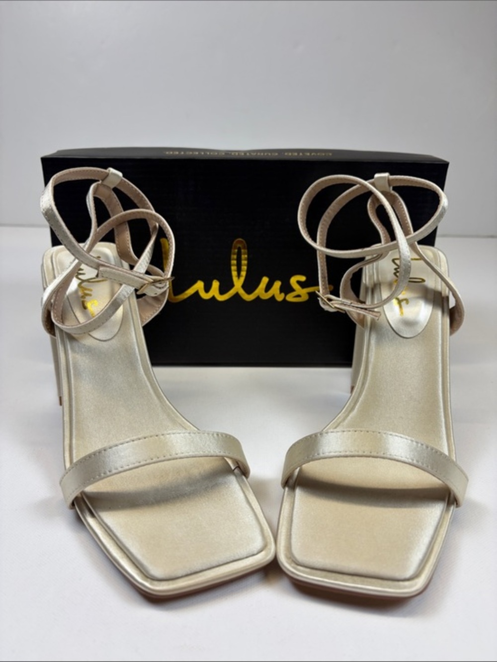 LULUS AKRISNA CHAMPAGNE SATIN BLOCK HEEL SANDALS  SIZE 6.5